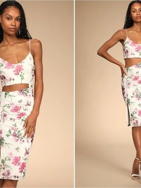 Lulu's White Midi Dress with Pink Floral Print